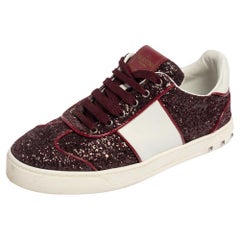 Valentino Red/White Leather and Glitter Rockstud Low Top Sneakers Size 37.5