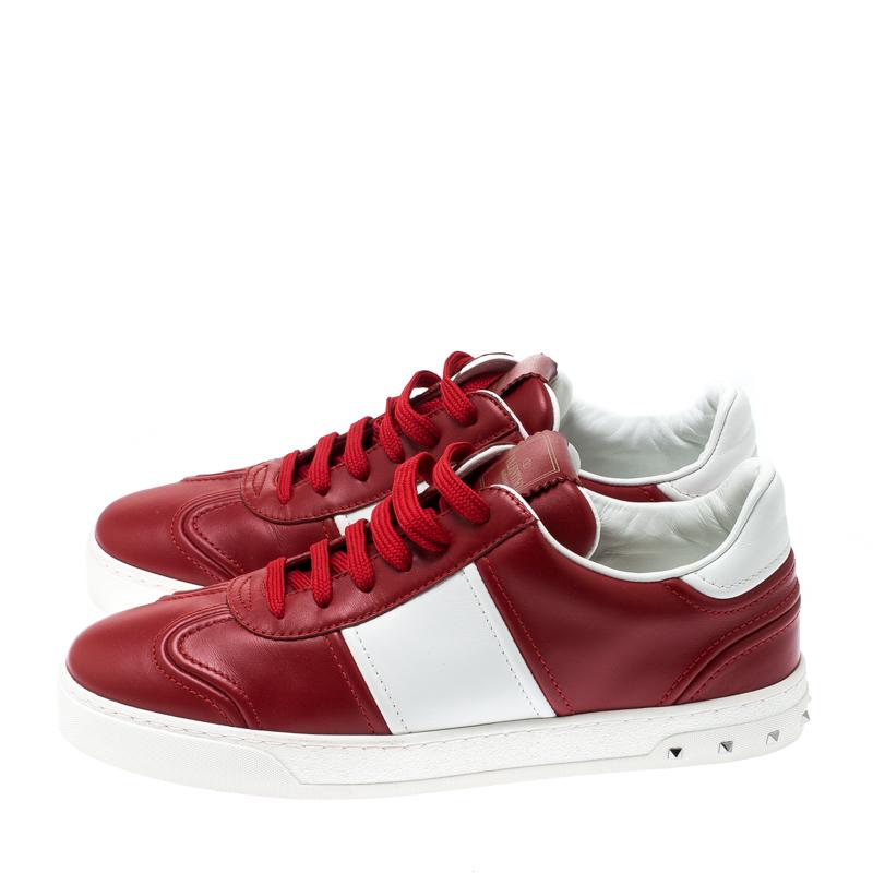 Women's Valentino Red/White Leather Fly Crew Low Top Sneakers Size 40.5