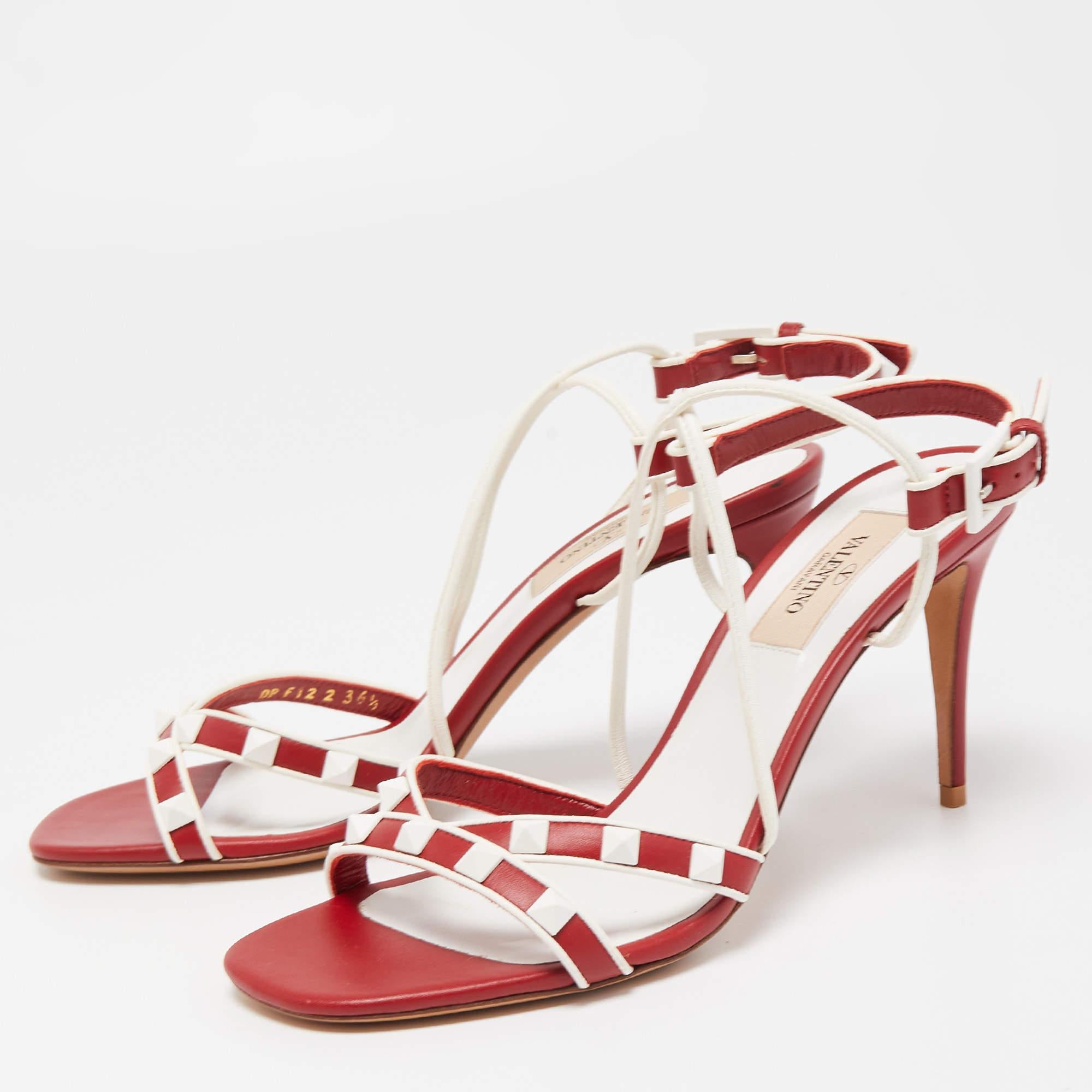 Beige Valentino Red/White Leather Rockstud Ankle Strap Sandals Size 36.5