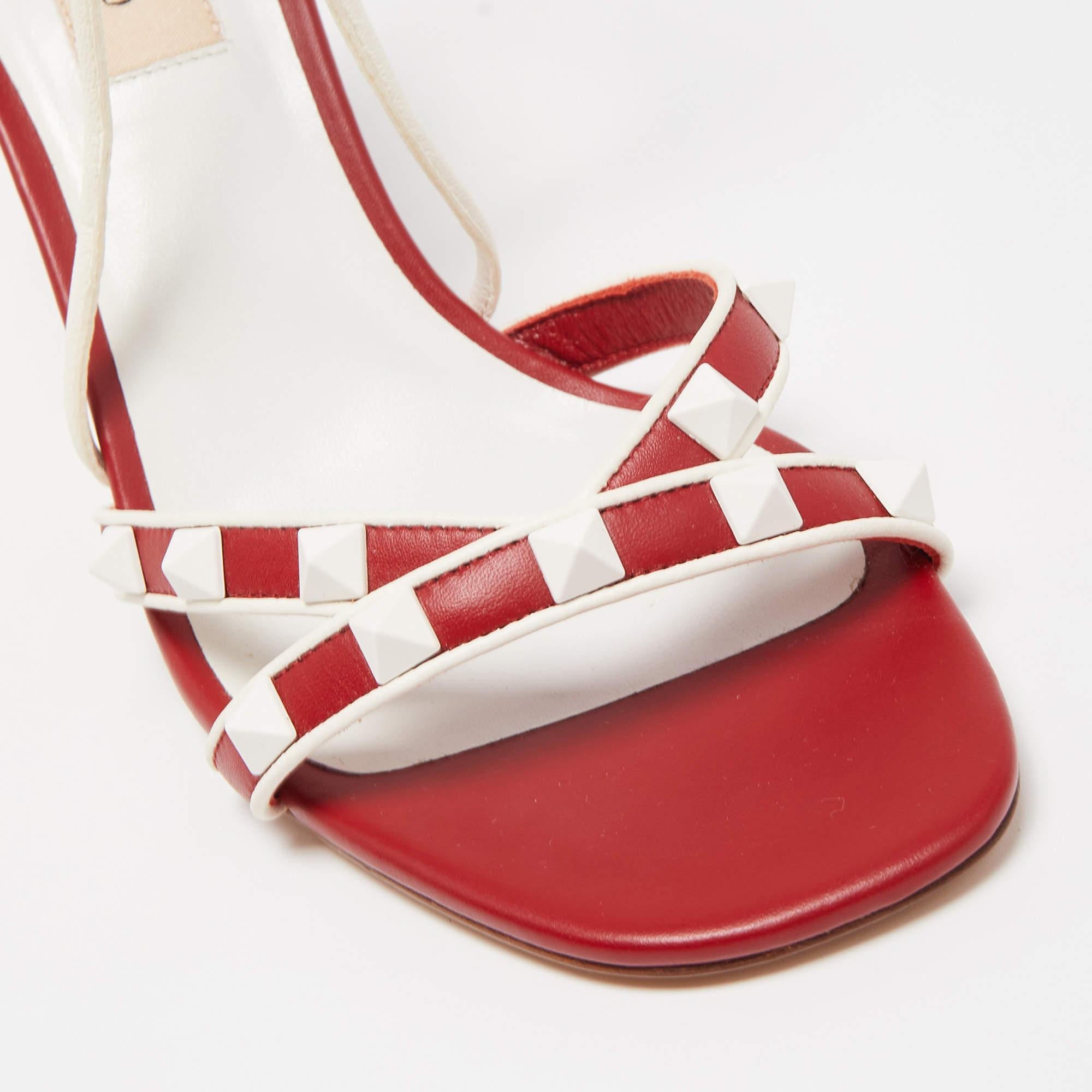 Valentino Red/White Leather Rockstud Ankle Strap Sandals Size 36.5 In New Condition In Dubai, Al Qouz 2