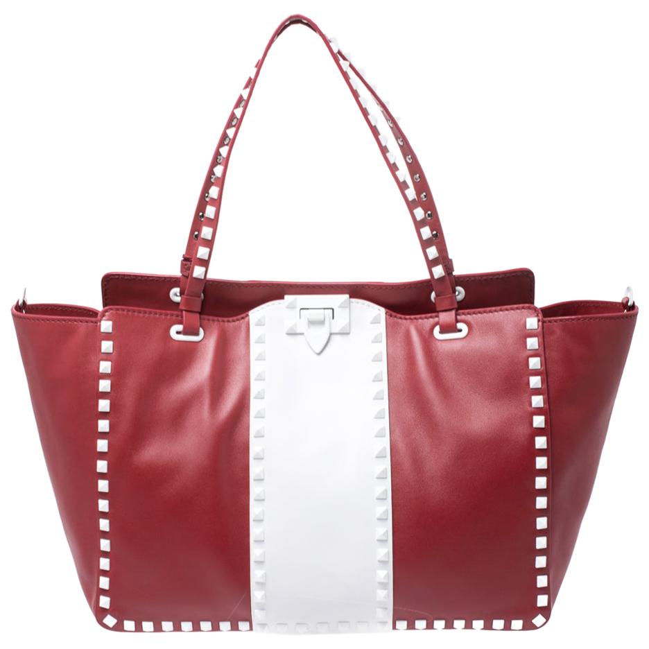 Valentino Red/White Leather Rockstud Tote