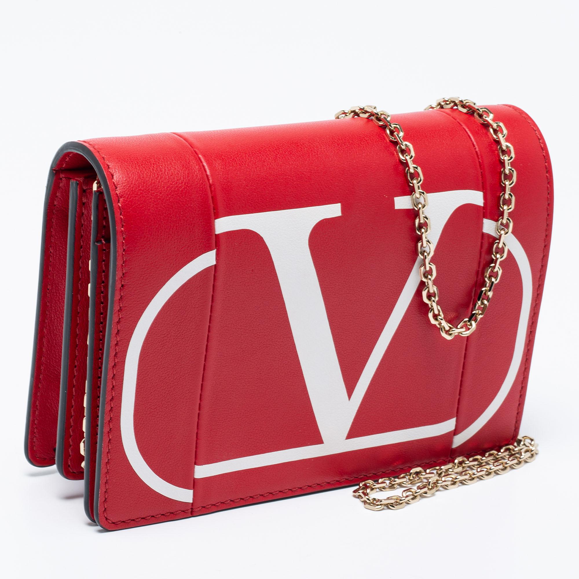 Women's Valentino Red/White Leather VLOGO Inlay Chain Bag
