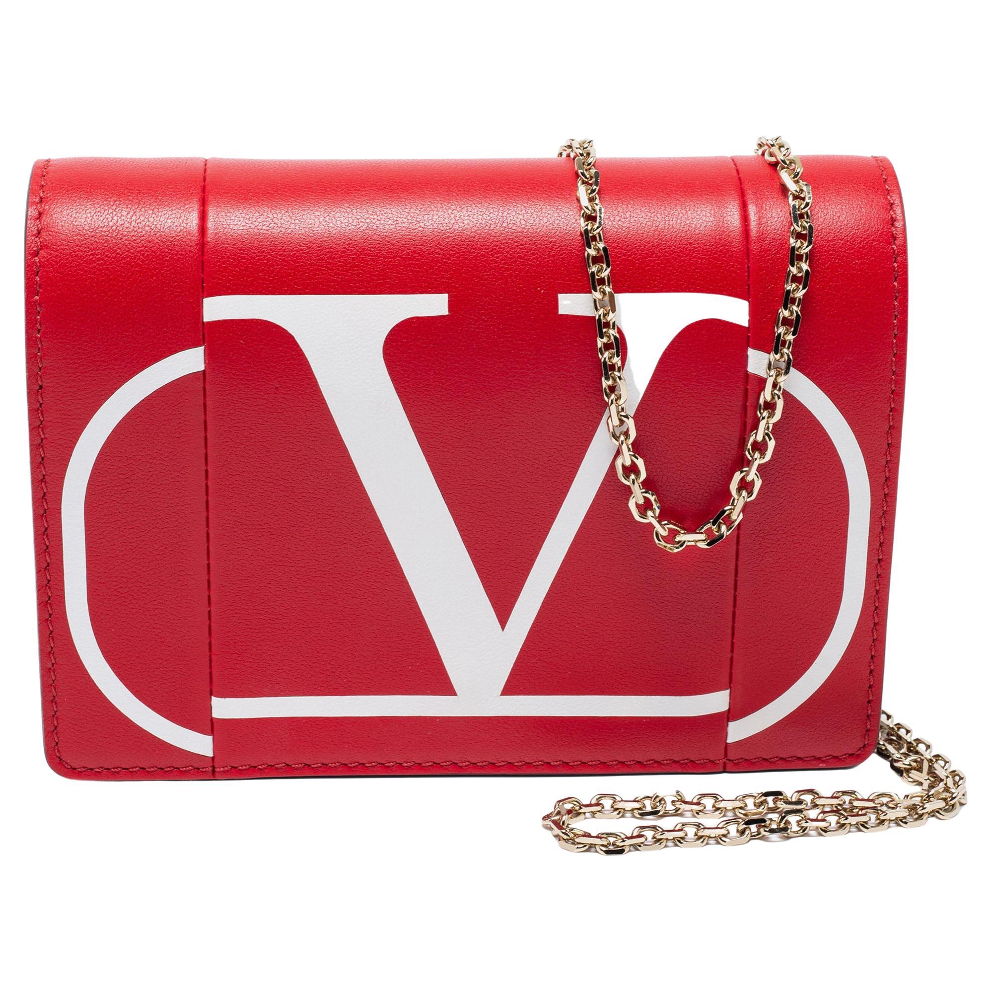 Valentino Red/White Leather VLOGO Inlay Chain Bag