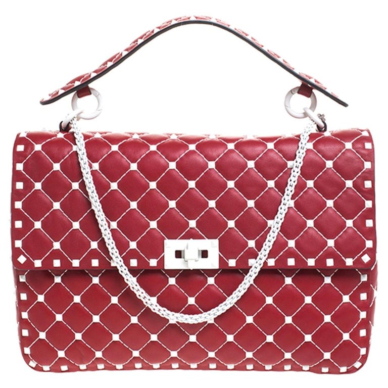 Valentino Red/White Quilted Leather Rockstud Spike Chain Shoulder Bag ...