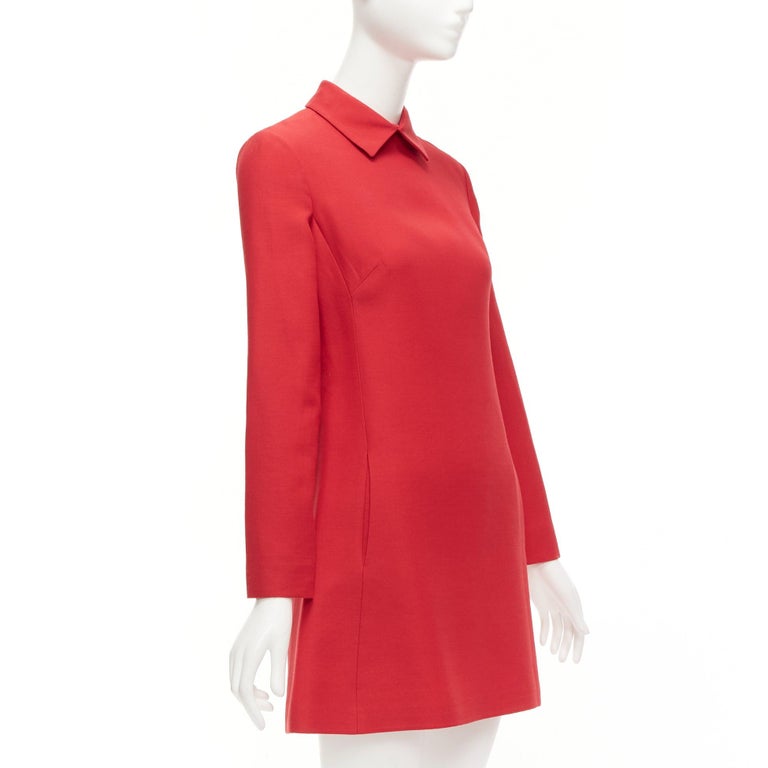 VALENTINO red wool silk crepe collared long sleeve A-line dress IT40 S at  1stDibs