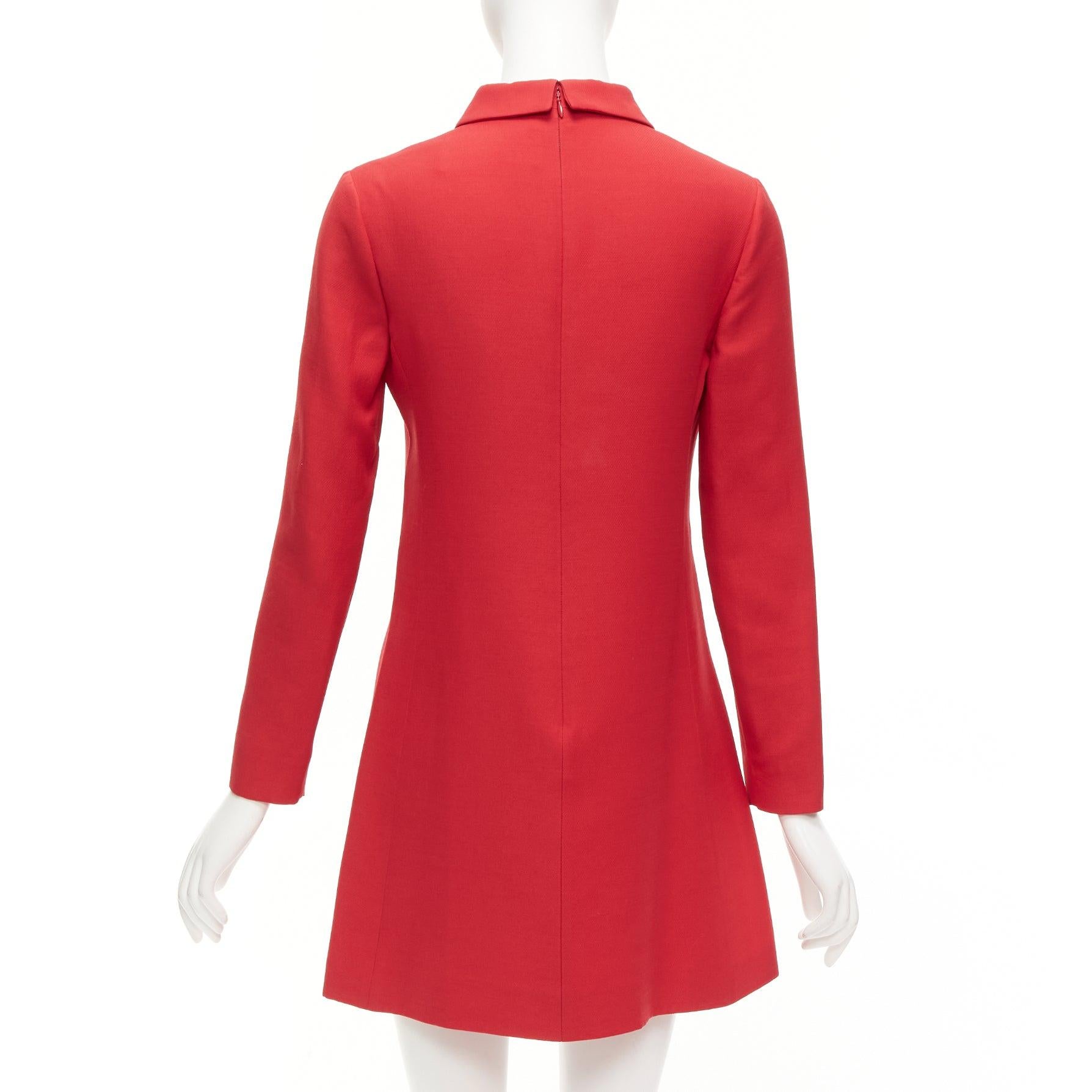 VALENTINO red wool silk crepe collared long sleeve A-line dress IT40 S 2