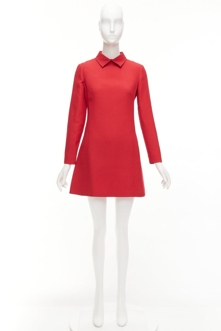VALENTINO red wool silk crepe collared long sleeve A-line dress IT40 S