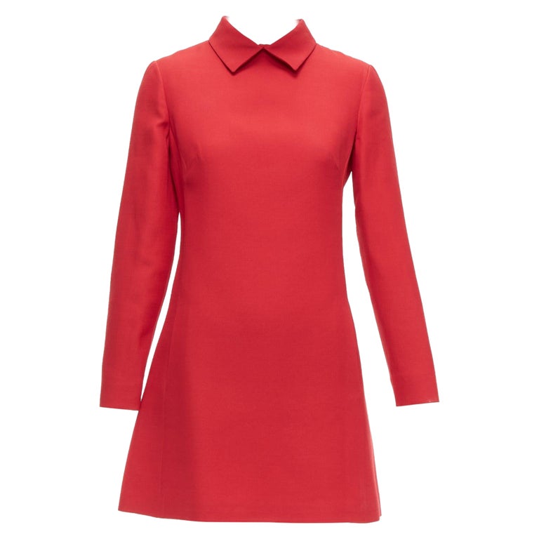 VALENTINO red wool silk crepe collared long sleeve A-line dress IT40 S at  1stDibs