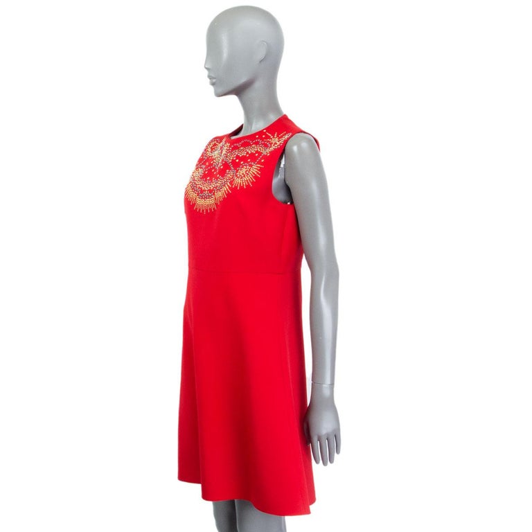 VALENTINO red wool and silk EMBELLISHED Sleeveless Flared Dress 44 L ...