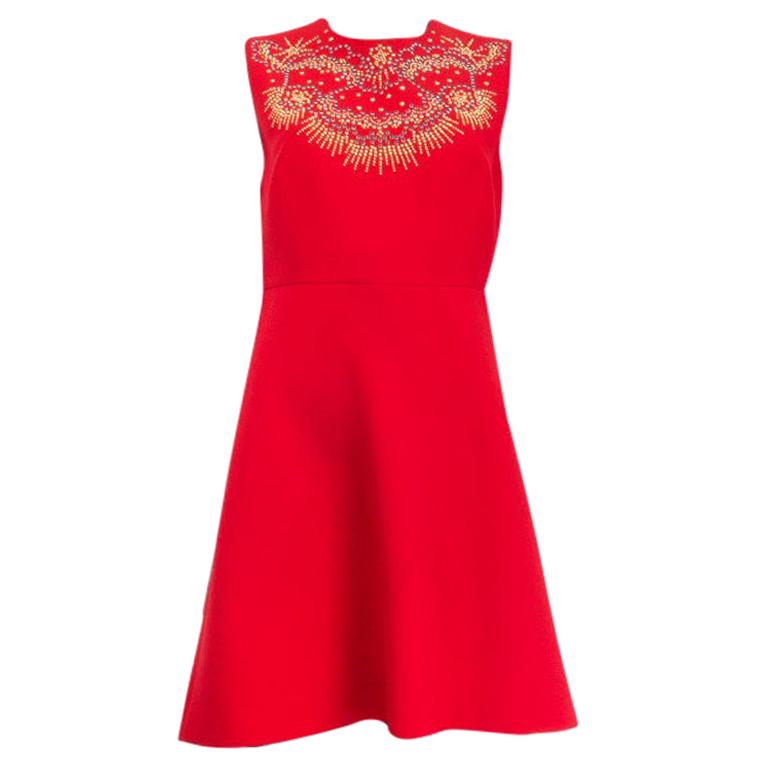 VALENTINO - Robe évasée sans manches ornée de laine et de soie rouge 44 L