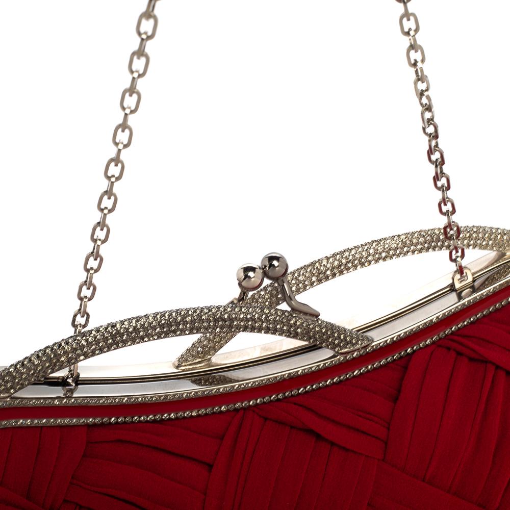 Valentino Red Woven Fabric Crystal Embellished Kisslock Chain Clutch 6