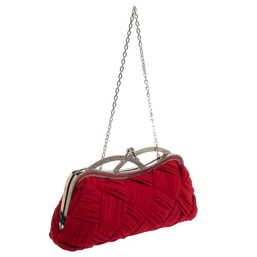 Women's Valentino Red Woven Fabric Crystal Embellished Kisslock Chain Clutch