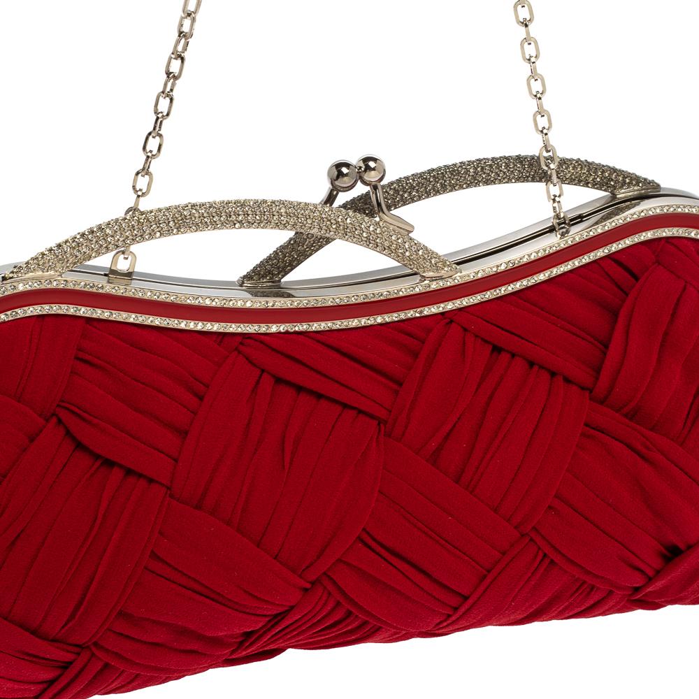 Valentino Red Woven Fabric Crystal Embellished Kisslock Chain Clutch 4