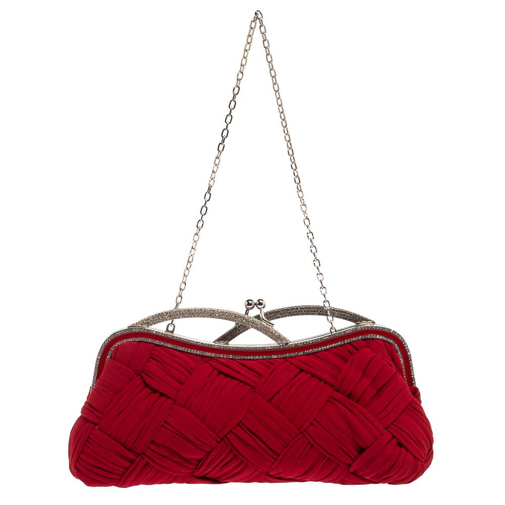 Valentino Red Woven Fabric Crystal Embellished Kisslock Chain Clutch