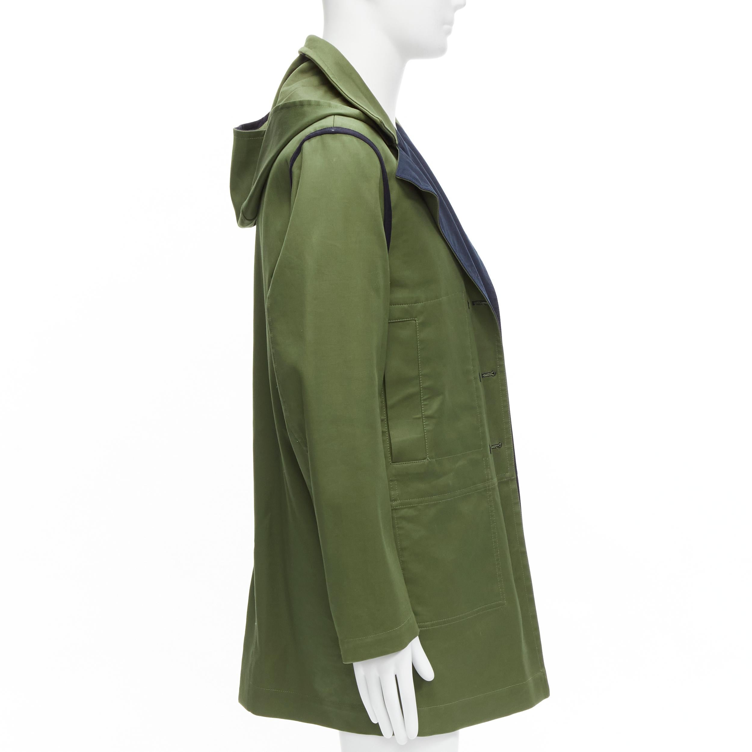 Black VALENTINO Reversible green navy cotton poplin oversized collar mid coat EU48 M For Sale