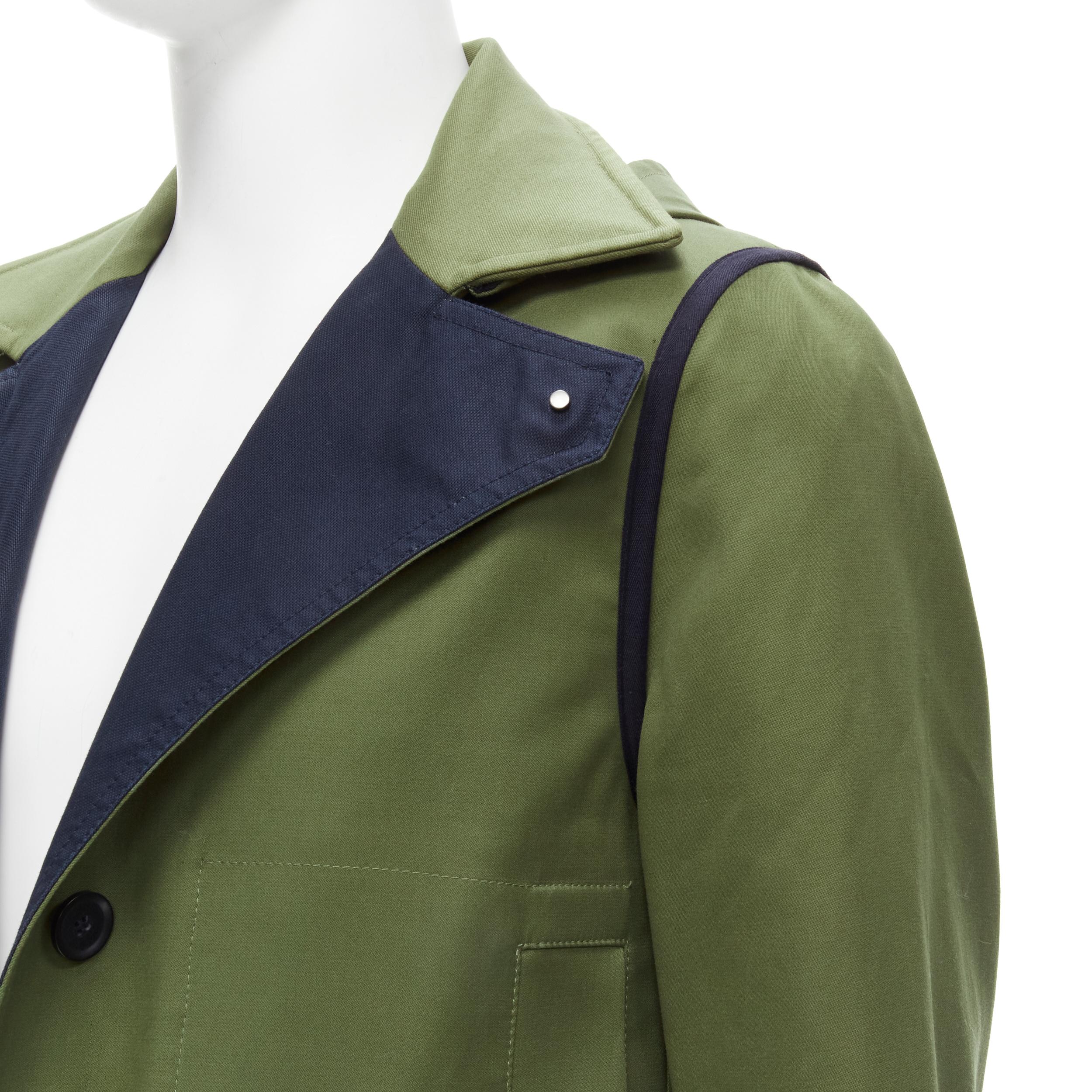 VALENTINO Manteau réversible à col surdimensionné en popeline de coton vert marine EU48 M en vente 2