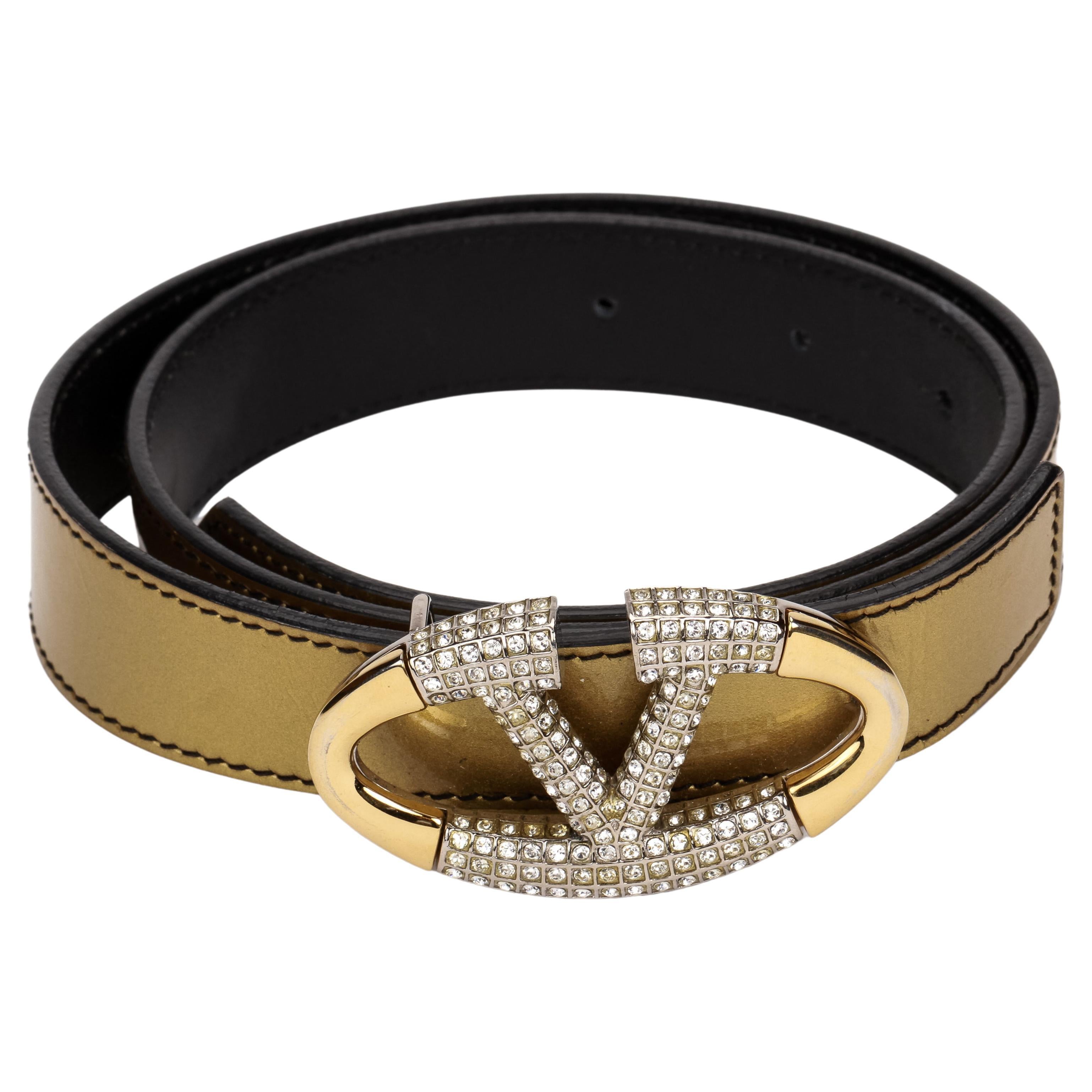 Valentino Rhinestone Logo Gold Metallic Belt 80cm