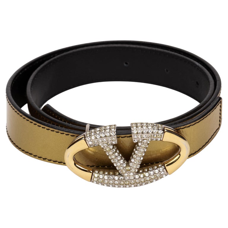 Valentino Rhinestone Logo Gold Metallic Belt 80cm at 1stDibs