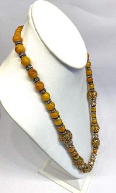 Valentino Rhinestone Rondel & Butterscotch Bead Long Necklace