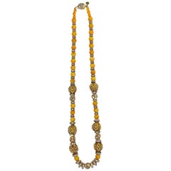 Valentino Rhinestone Rondel & Butterscotch Bead Long Necklace