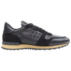 VALENTINO Rockrunner black leather rockstud suede leather casual sneakers EU44