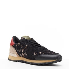VALENTINO Rockrunner black pink floral lace rock stud suede heel sneaker EU38