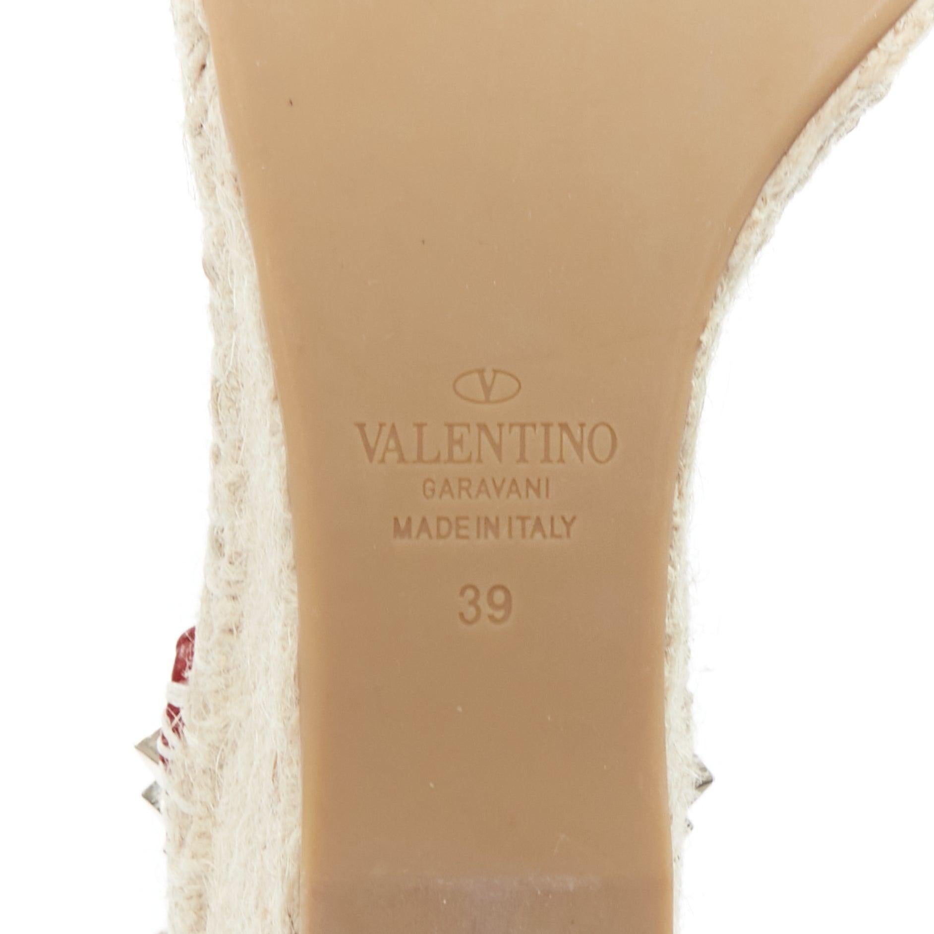 VALENTINO Rockstud 85 red leather jute espadrille wedge EU39 6