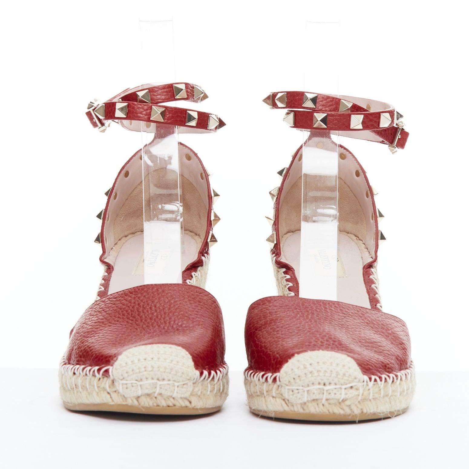 Beige VALENTINO Rockstud 85 red leather jute espadrille wedge EU39