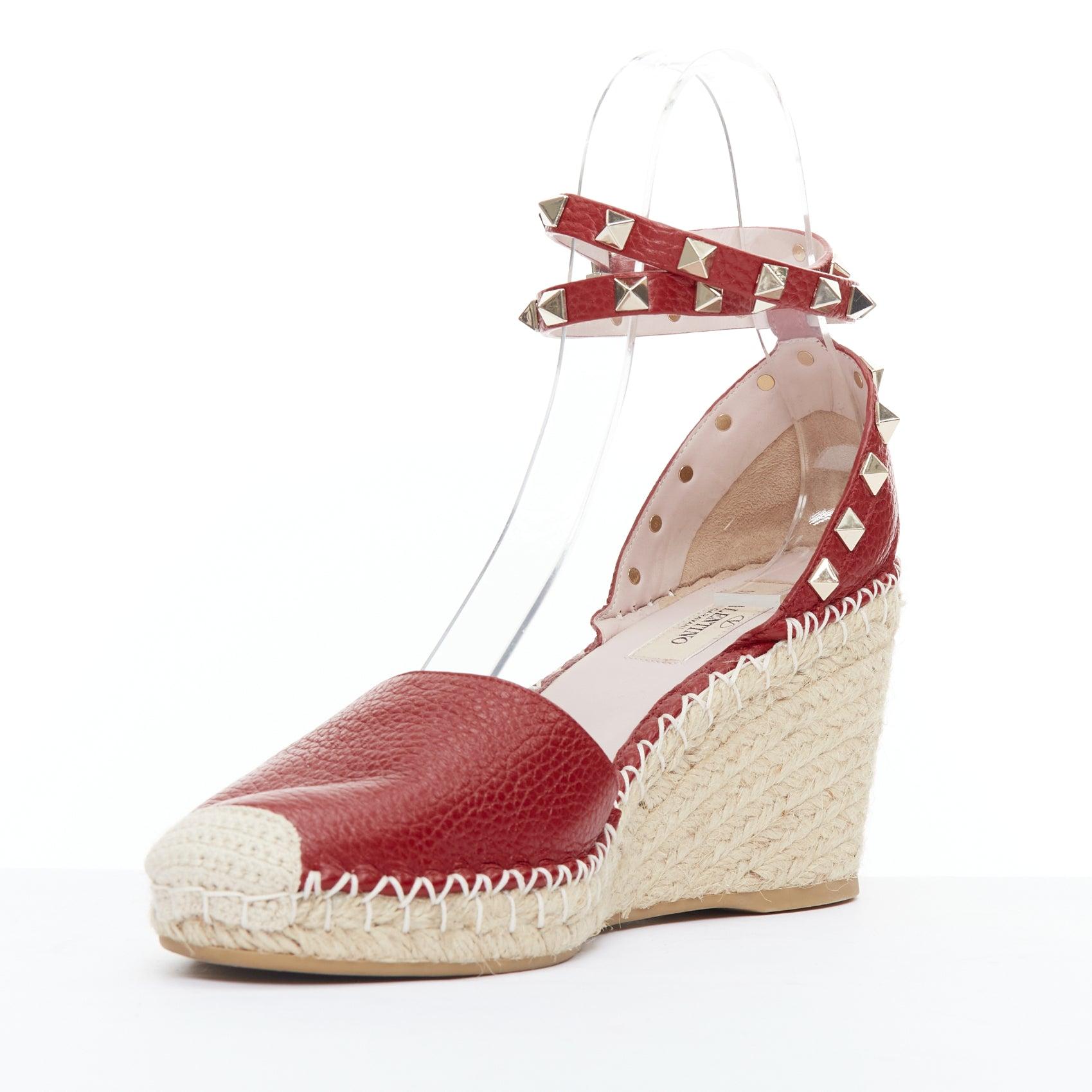 Women's VALENTINO Rockstud 85 red leather jute espadrille wedge EU39