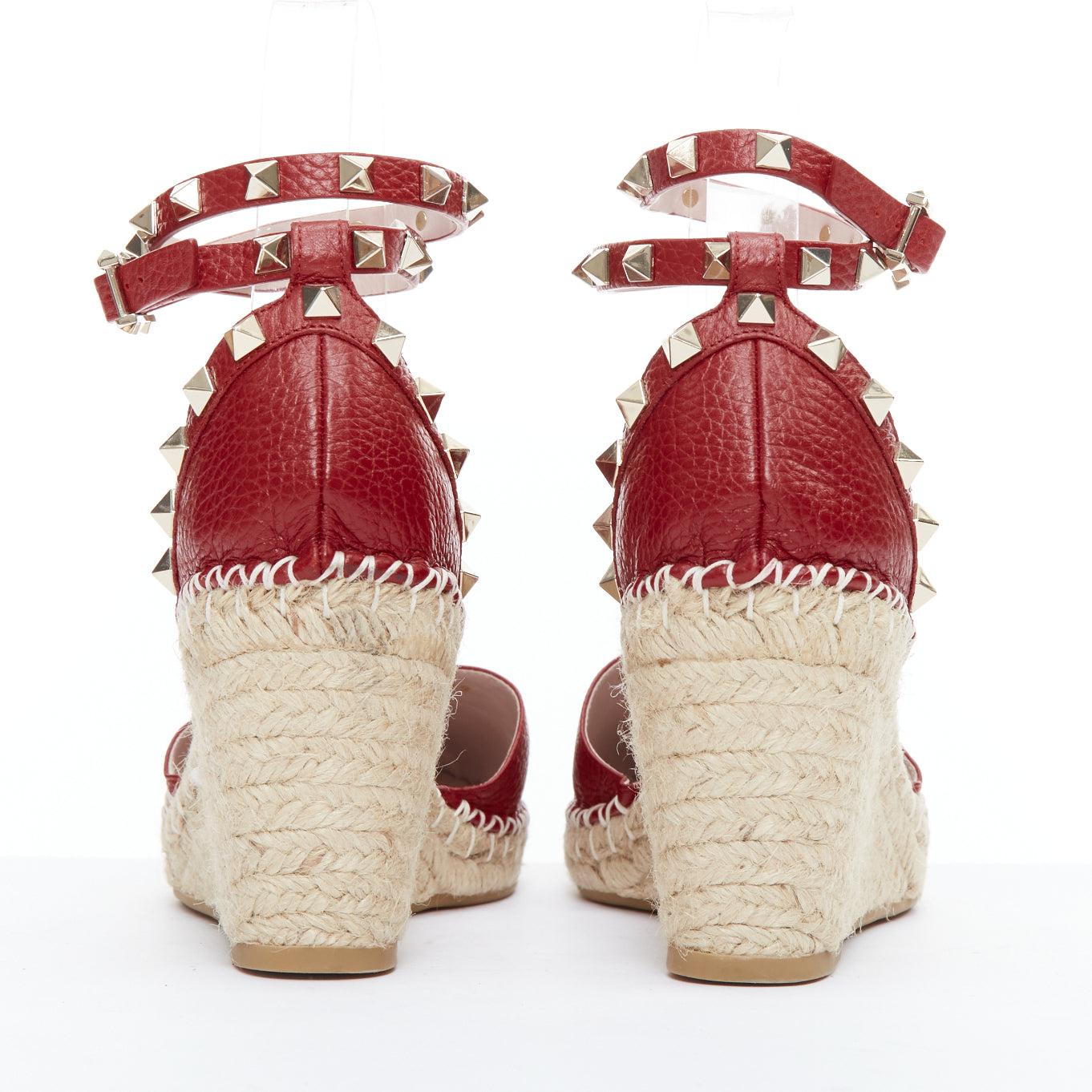VALENTINO Rockstud 85 red leather jute espadrille wedge EU39 1