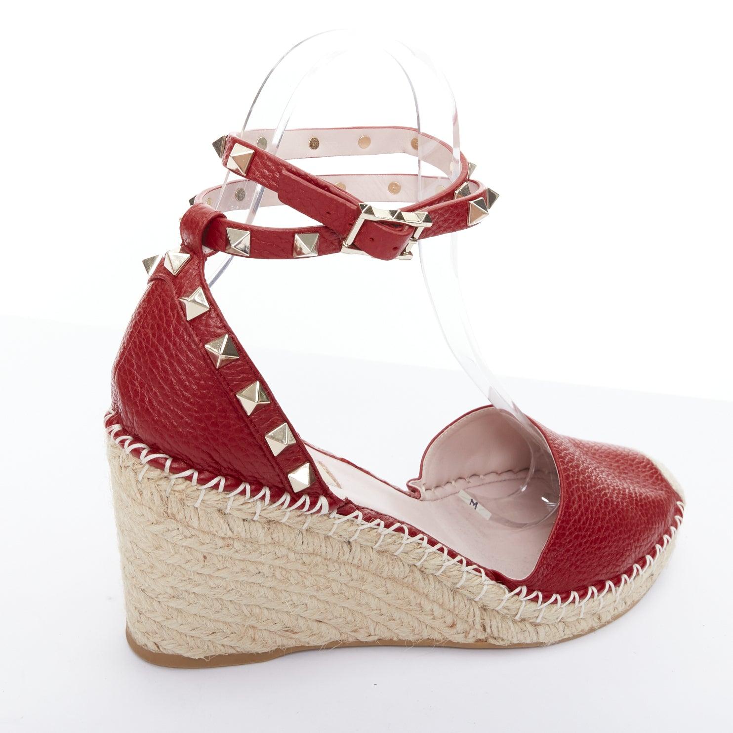 VALENTINO Rockstud 85 red leather jute espadrille wedge EU39 4