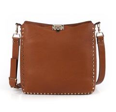 VALENTINO "Rockstud" A/W 2016 Saddle Brown Calfskin Leather Studded Hobo Bag
