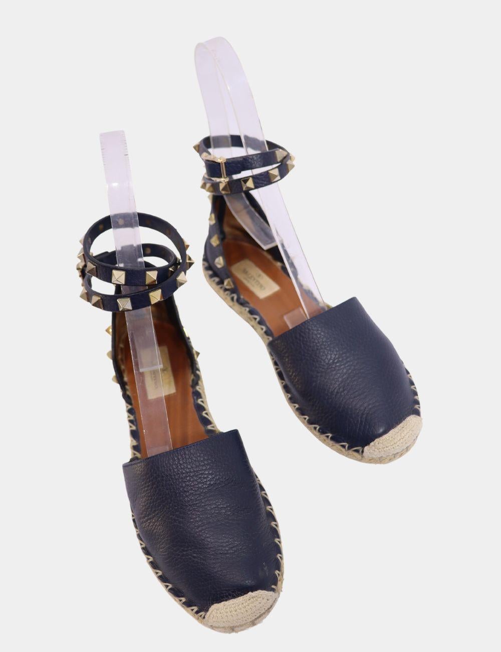 Black Valentino Rockstud Ankle Strap Espadrilles Size EU 37