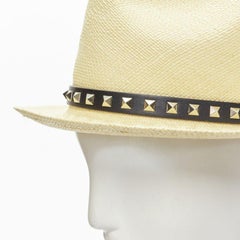 VALENTINO Rockstud beige raffia black calfskin leather studded straw hat