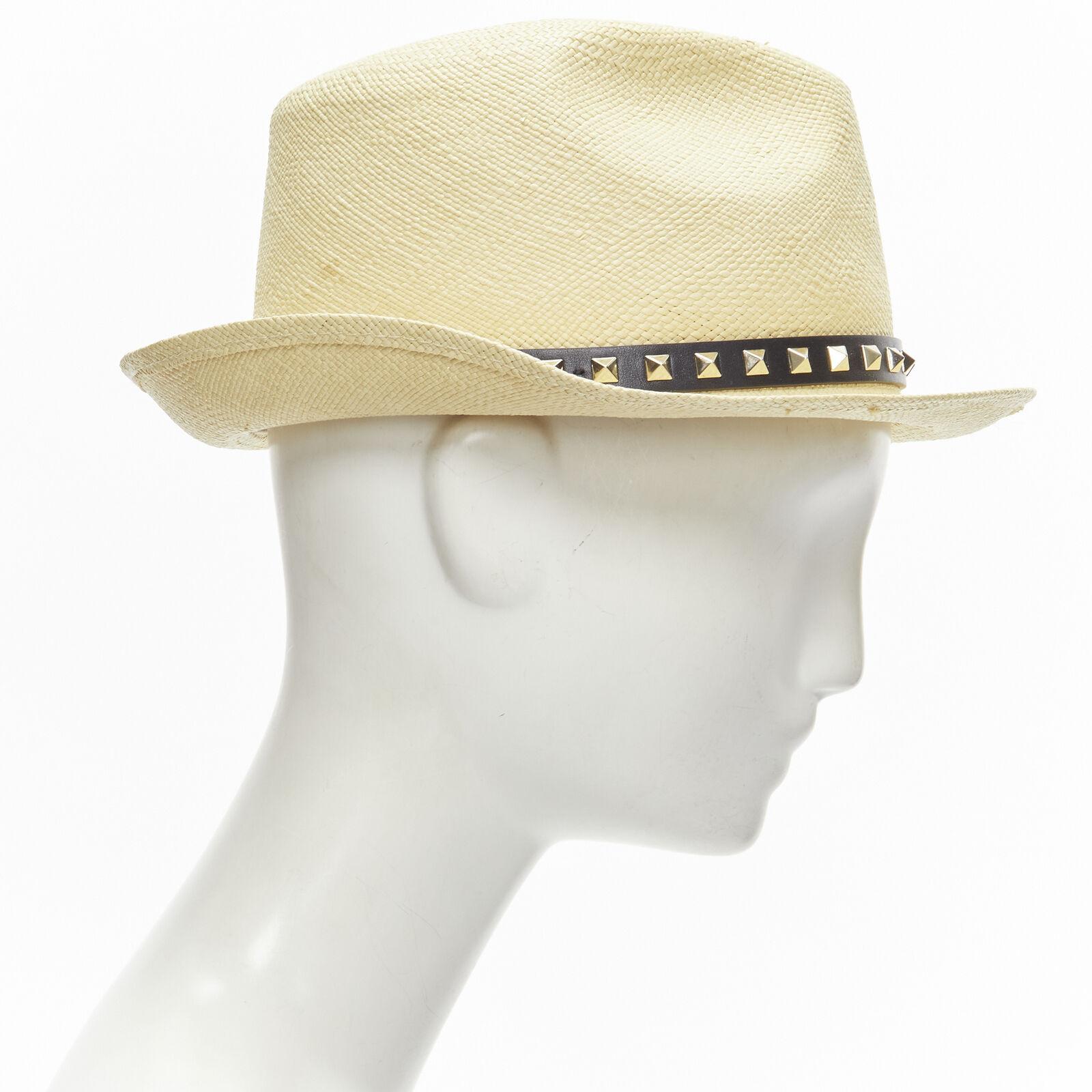 Women's VALENTINO Rockstud beige raffia black calfskin leather studded straw hat For Sale