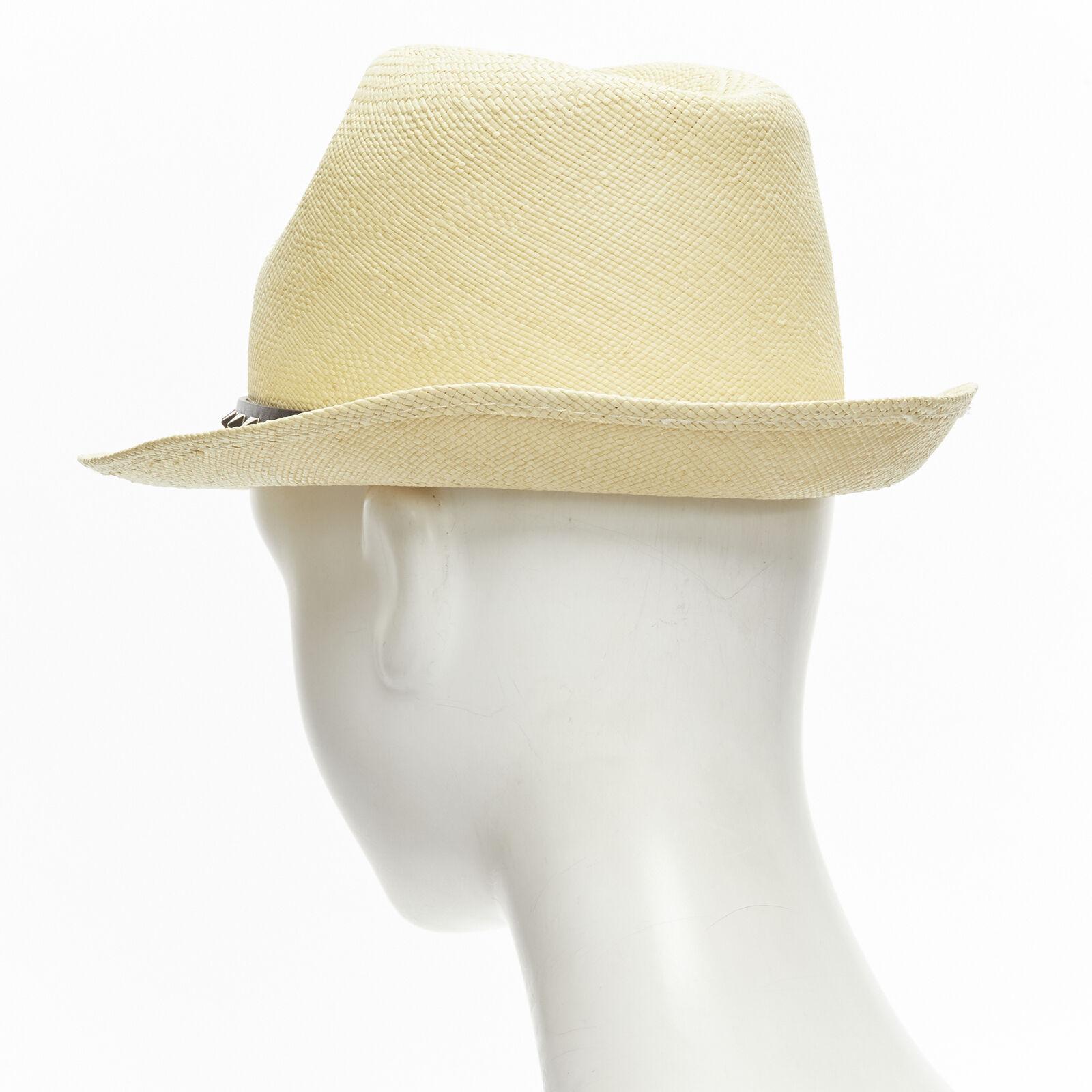 VALENTINO Rockstud beige raffia black calfskin leather studded straw hat For Sale 2