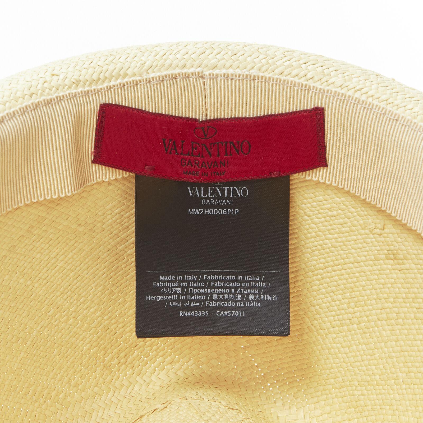 VALENTINO Rockstud beige raffia black calfskin leather studded straw hat For Sale 3