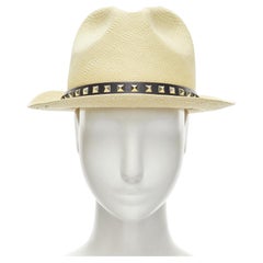 VALENTINO Rockstud beige raffia black calfskin leather studded straw hat