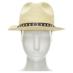 VALENTINO Rockstud chapeau de paille clouté en cuir de veau beige raphia noir