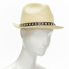 VALENTINO Rockstud cappello di paglia con borchie in pelle di vitello beige e rafia nera