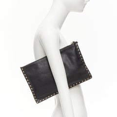 VALENTINO Rockstud black gold round studs logo triangle flat clutch bag