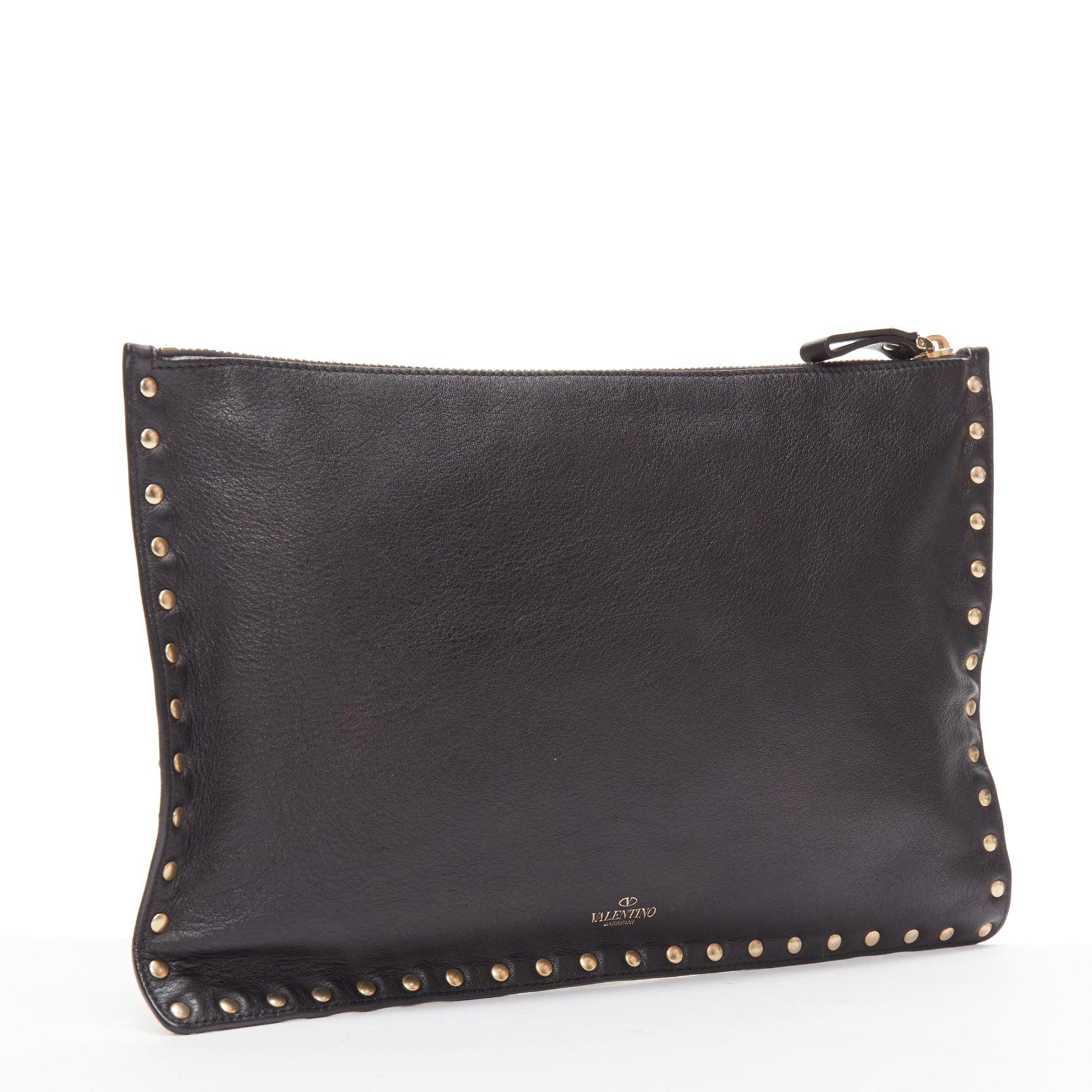Women's VALENTINO Rockstud black gold round studs logo triangle flat clutch bag For Sale