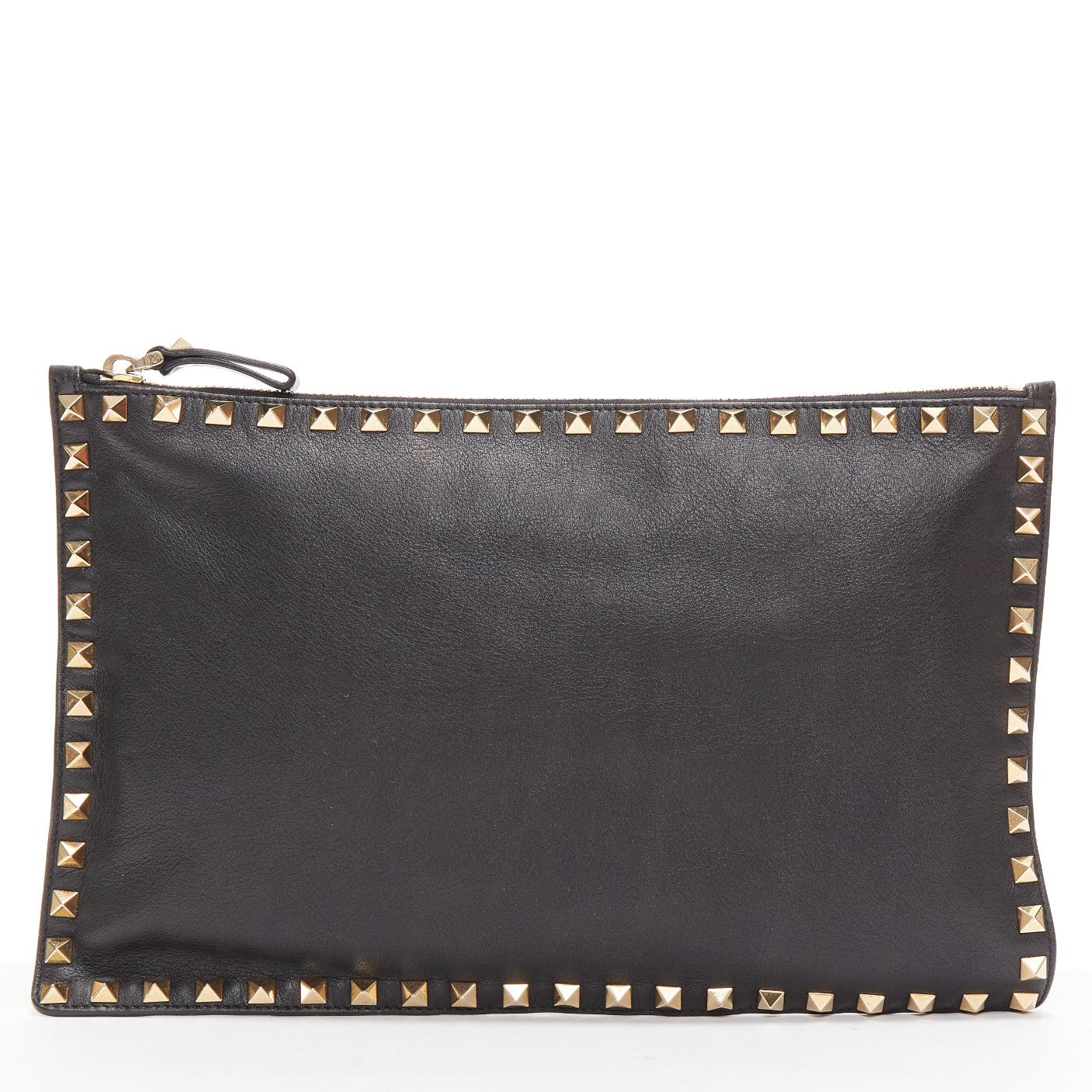 VALENTINO Rockstud black gold round studs logo triangle flat clutch bag For Sale 1