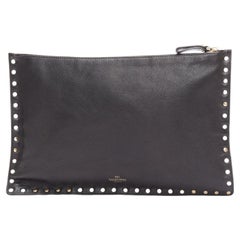 VALENTINO Rockstud black gold round studs logo triangle flat clutch bag