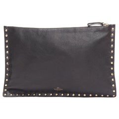 VALENTINO Rockstud black gold round studs logo triangle flat clutch bag