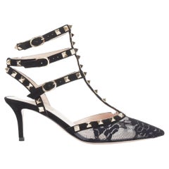 VALENTINO Rockstud black lace mesh suede gold stud pointy cage pumps EU37