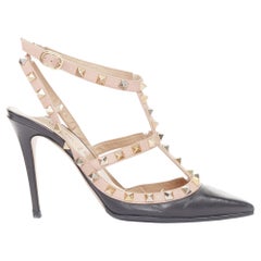 VALENTINO Rockstud black leather poudre cage stiletto pumps EU37 US7