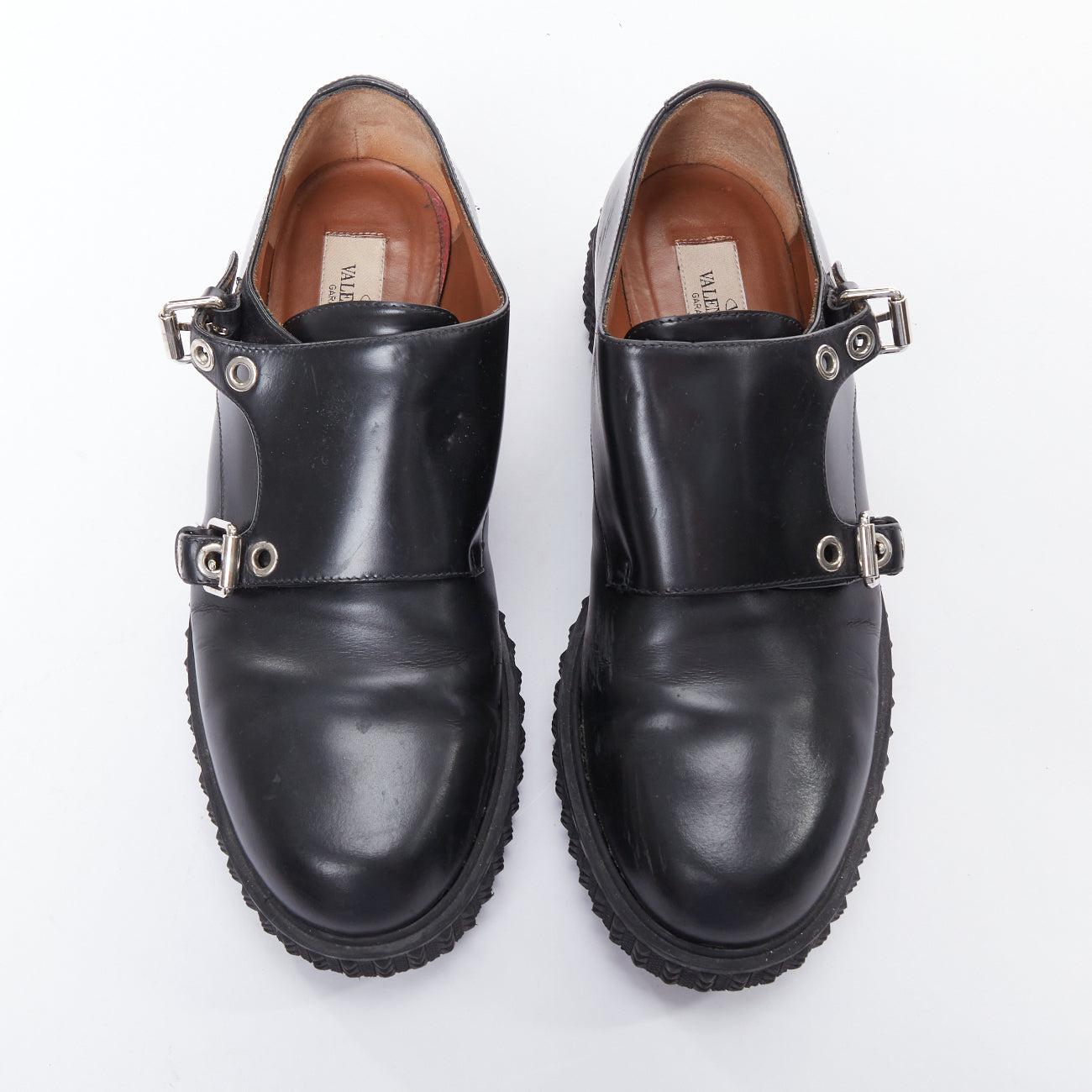 Black VALENTINO Rockstud black leather silver buckles stud midsole monk shoes EU38 For Sale