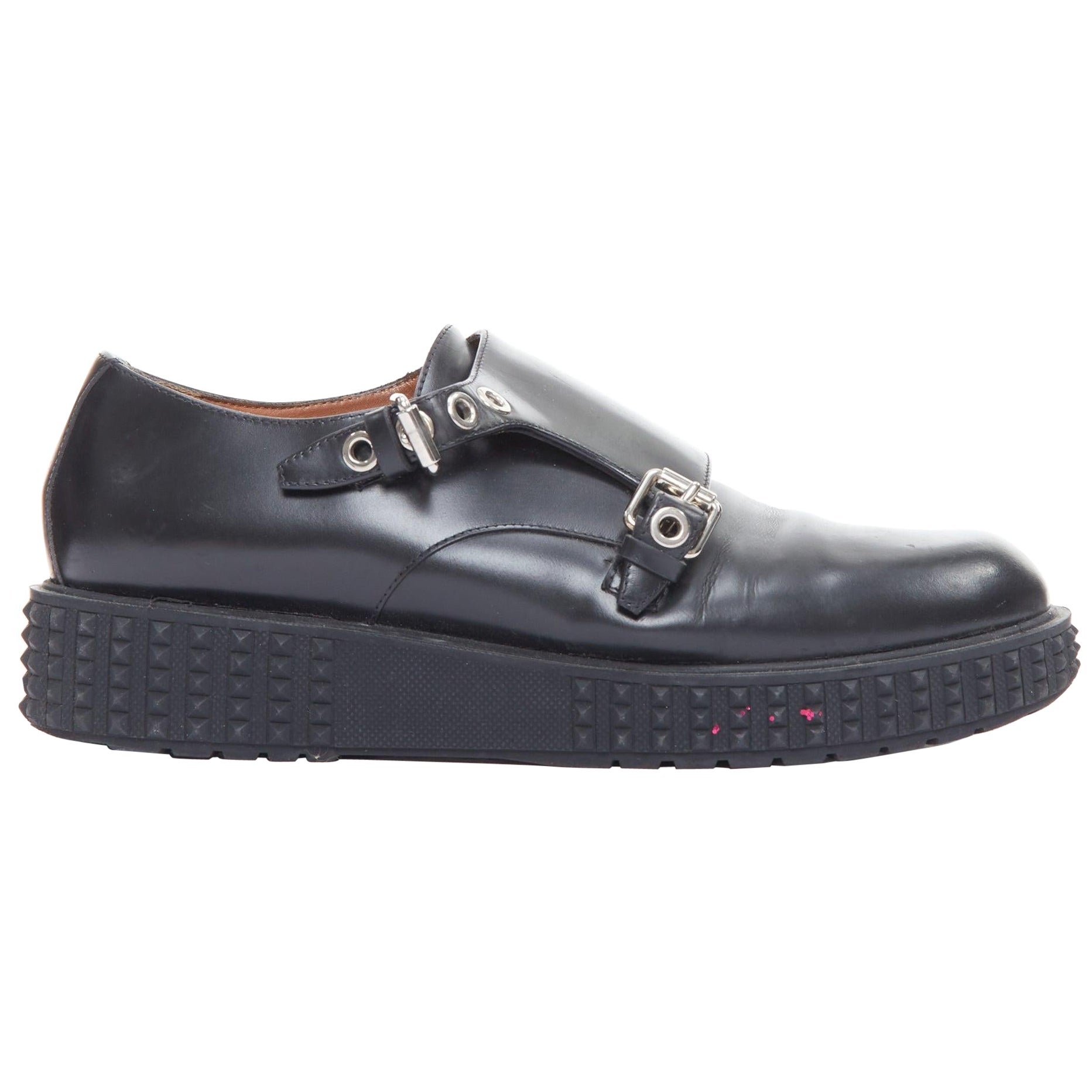 VALENTINO Rockstud black leather silver buckles stud midsole monk shoes EU38