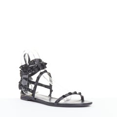 VALENTINO Rockstud black leather wraparound lace up tassel gladiator flats EU38